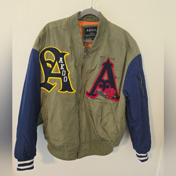 Akoo Bomber Letterman Varsity Jacket Mens Size Large American Flag Spellout - Picture 1 of 7